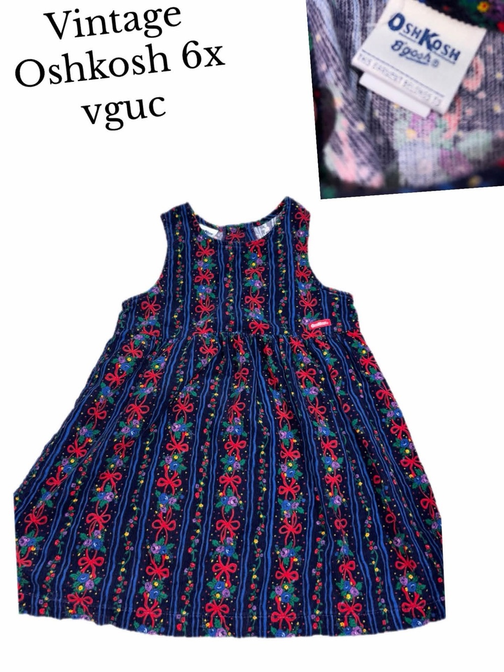 Vintage 1981 OshKosh B'gosh Corduroy Jumper Dress Girls 6X Bows Holiday USA Navy